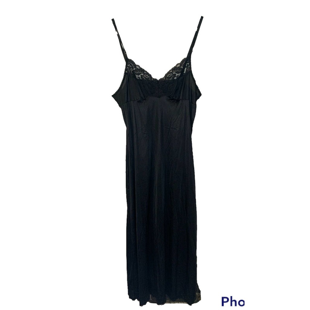 Vintage Vassarette Black Full Length Lace Adjustable Slip Nighty Lingerie 32